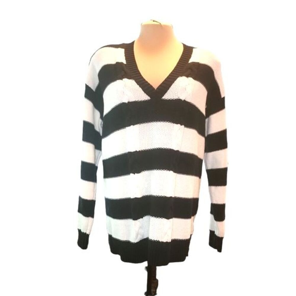 Chaps Black & White Wide Horizontal Stripe Cable Knit V-Neck Sweater Size L